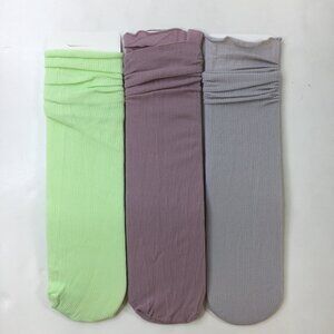 Womens Crew Socks Set 3 Solid Ribbed Green Purple Gray
